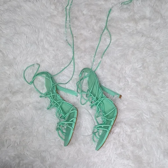 SCHUTZ Heyde Nappa Leather Heeled Strappy Lace Up Sandal Mint Green NEW Size 9.5 - Picture 7 of 10